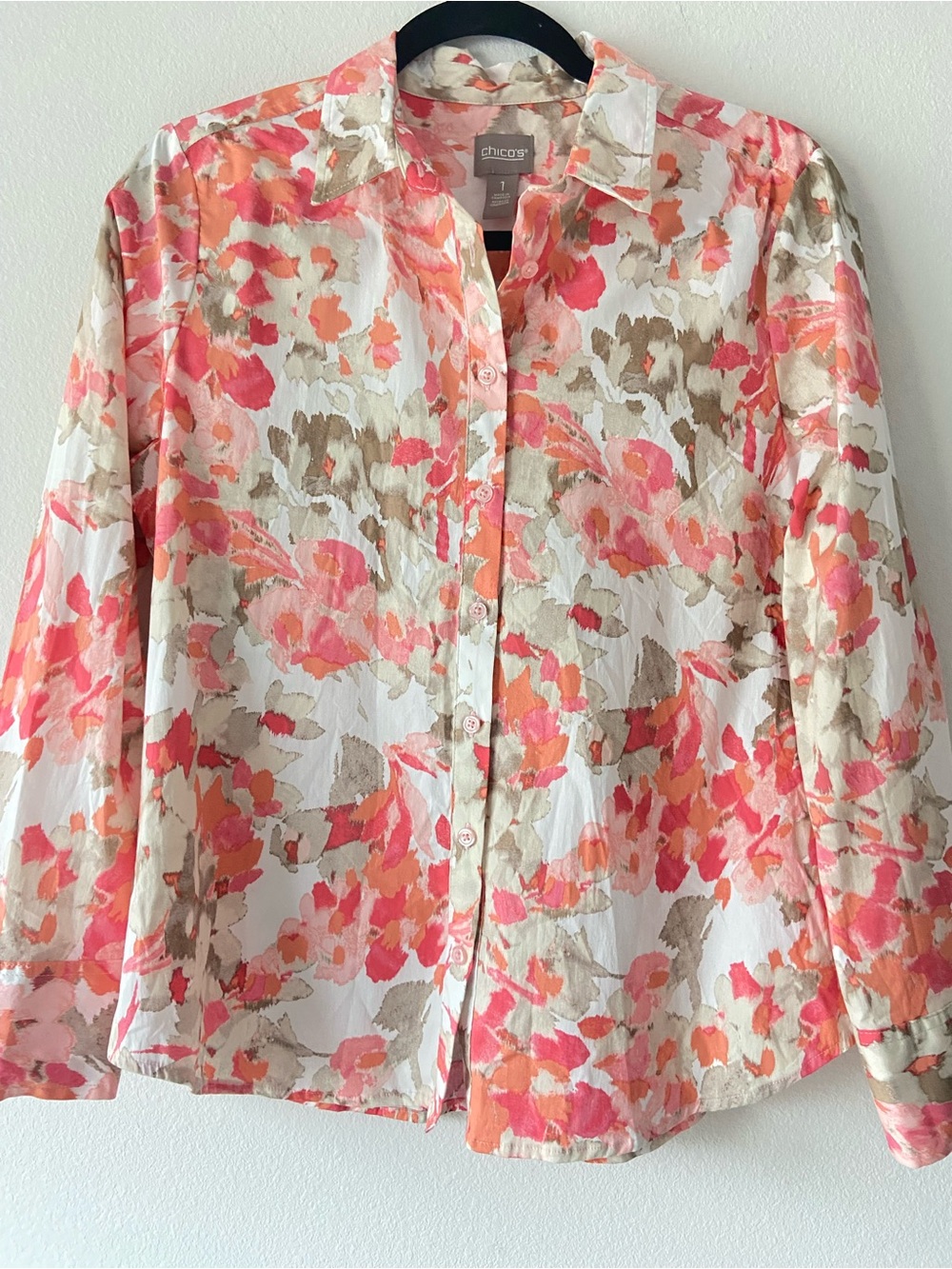 CHICO'S Floral Button Front Shirt Pink Orange Cotton Stretch Size 1